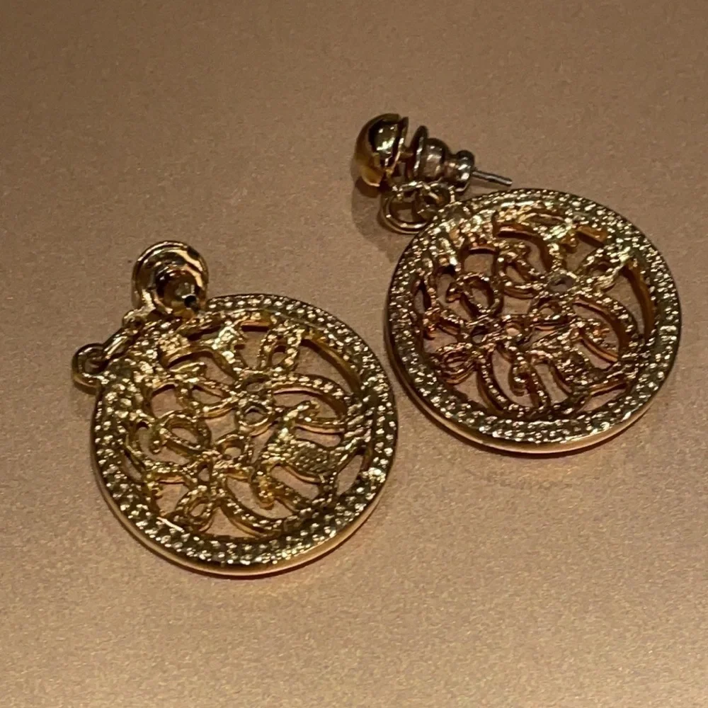 Scroll Design Post Dangle Earrings Gold Round